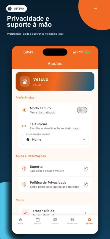 Tela de ajustes do aplicativo VetEvo
